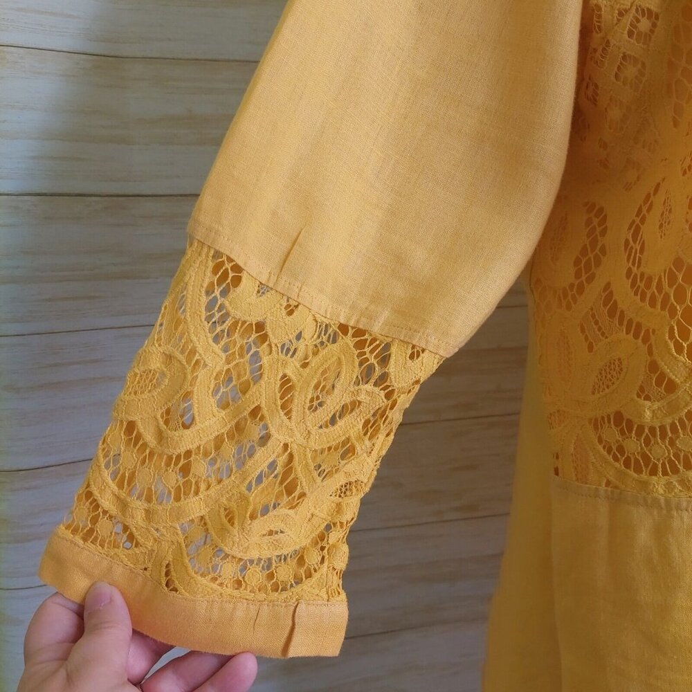 Chico's Women's Top Yellow Linen Lace Front Long Sleeve Tunic Shirt Blouse XL - Picture 8 of 14